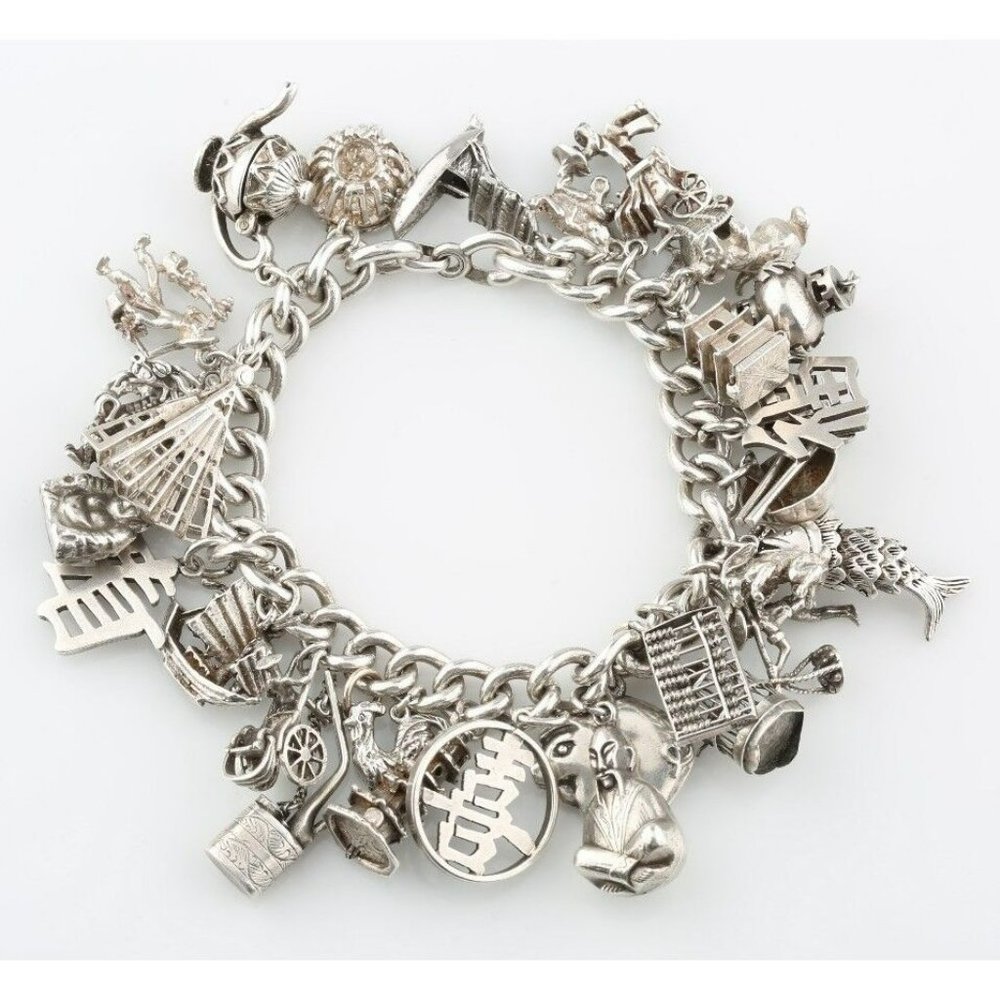 Sterling Silver Chinese New Year Charm Bracelet w/ 32 Total Charms 7" 106.5 g